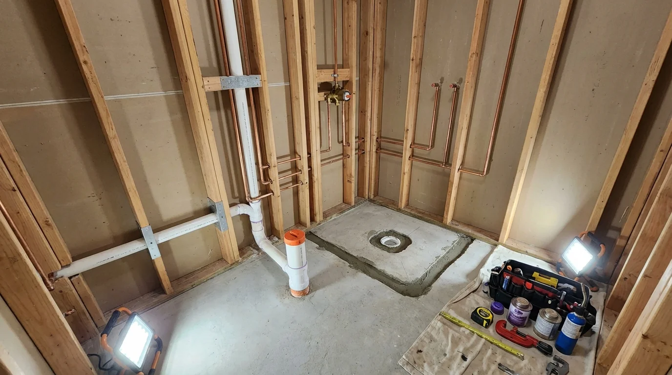 Bathroom rough-in plumbing during remodel by Johns Plumbing LLC in Planada