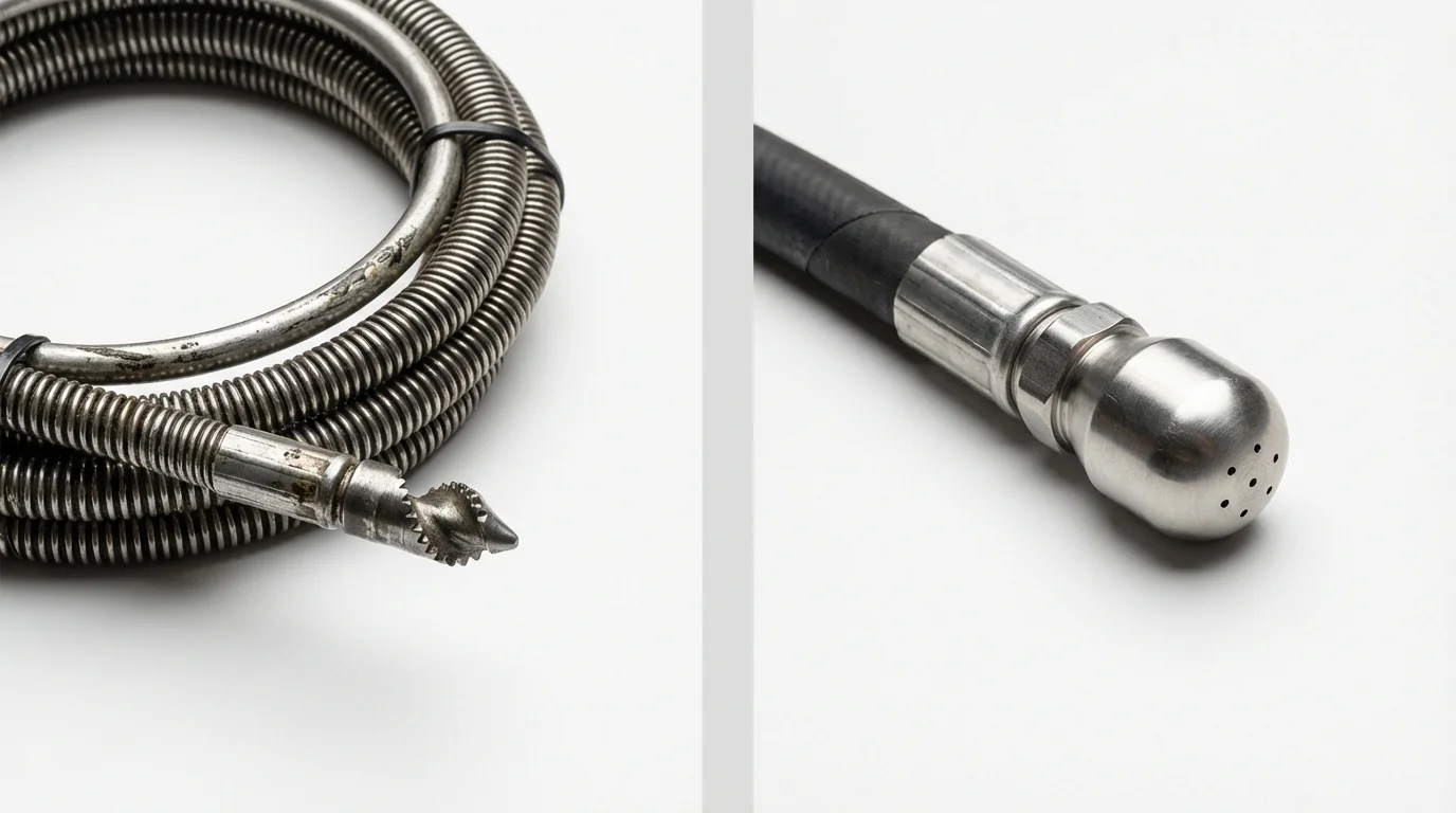 Drain snake cable and hydro jetting nozzle used for drain cleaning in Planada, CA