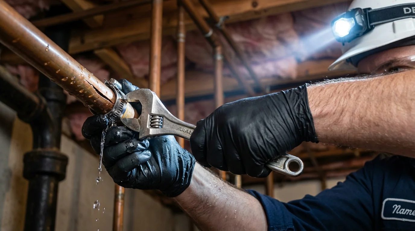 Emergency pipe clamp repair being performed by a Johns Plumbing LLC plumber in Planada