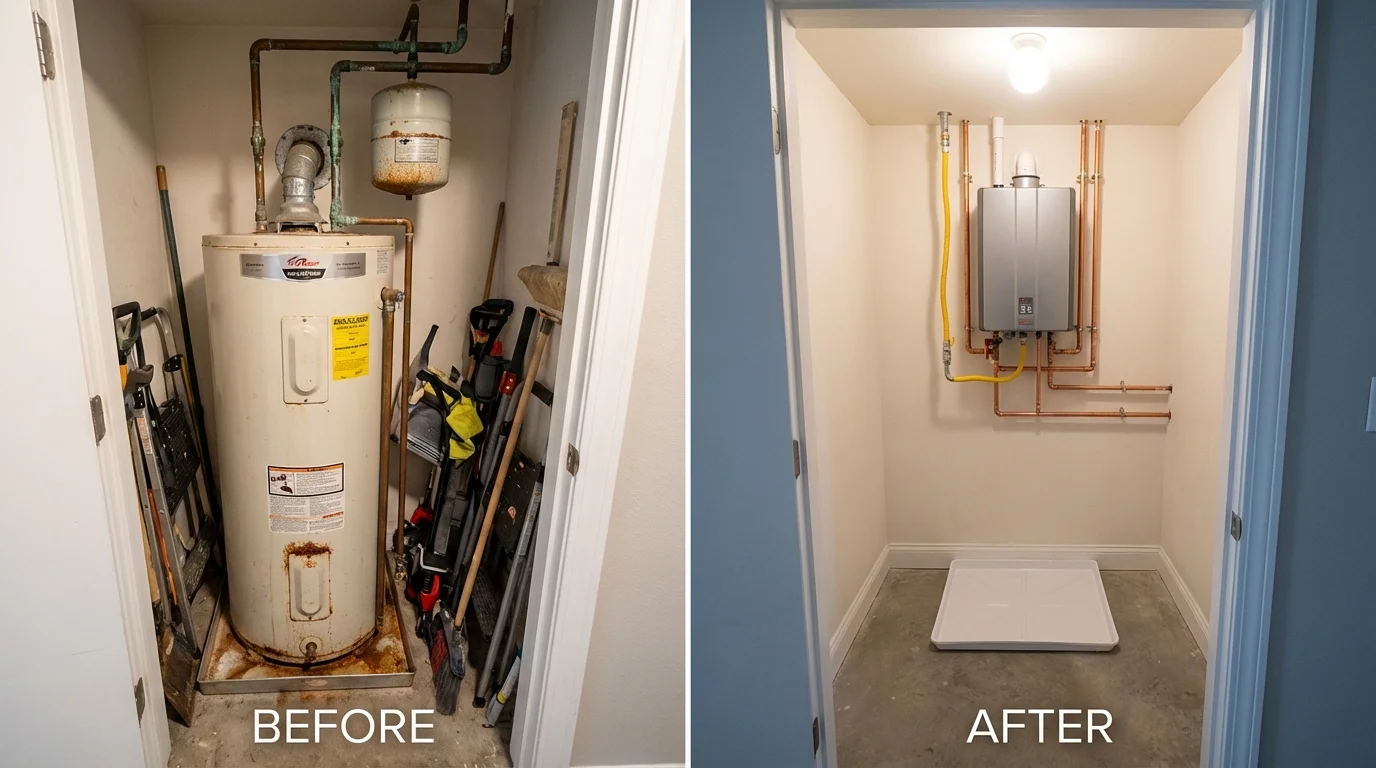 Tank water heater versus wall-mounted tankless unit comparison for Planada, CA homeowners