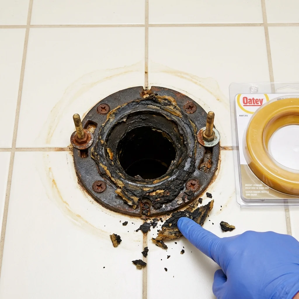 Failed wax ring showing water seepage at the base of a toilet in a Planada, CA home
