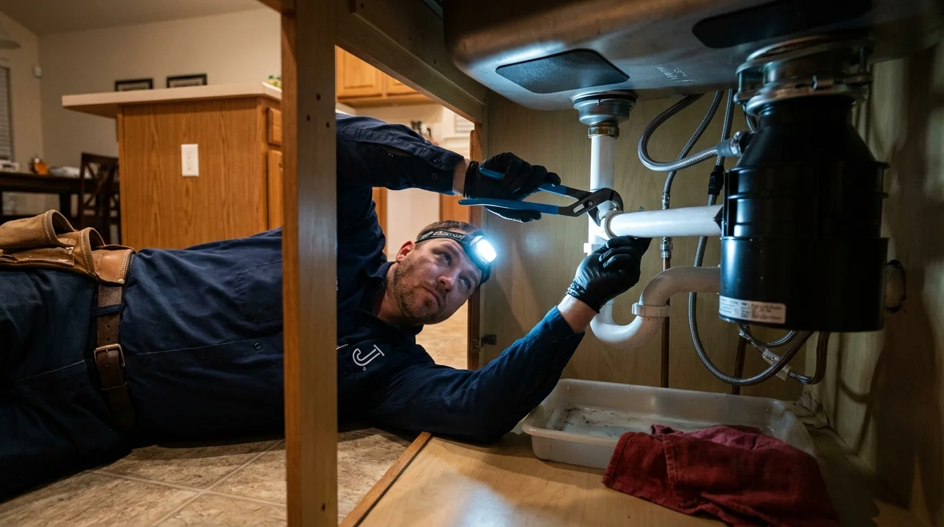 P-trap and supply line connections under a kitchen sink showing a common leak point in Planada, CA